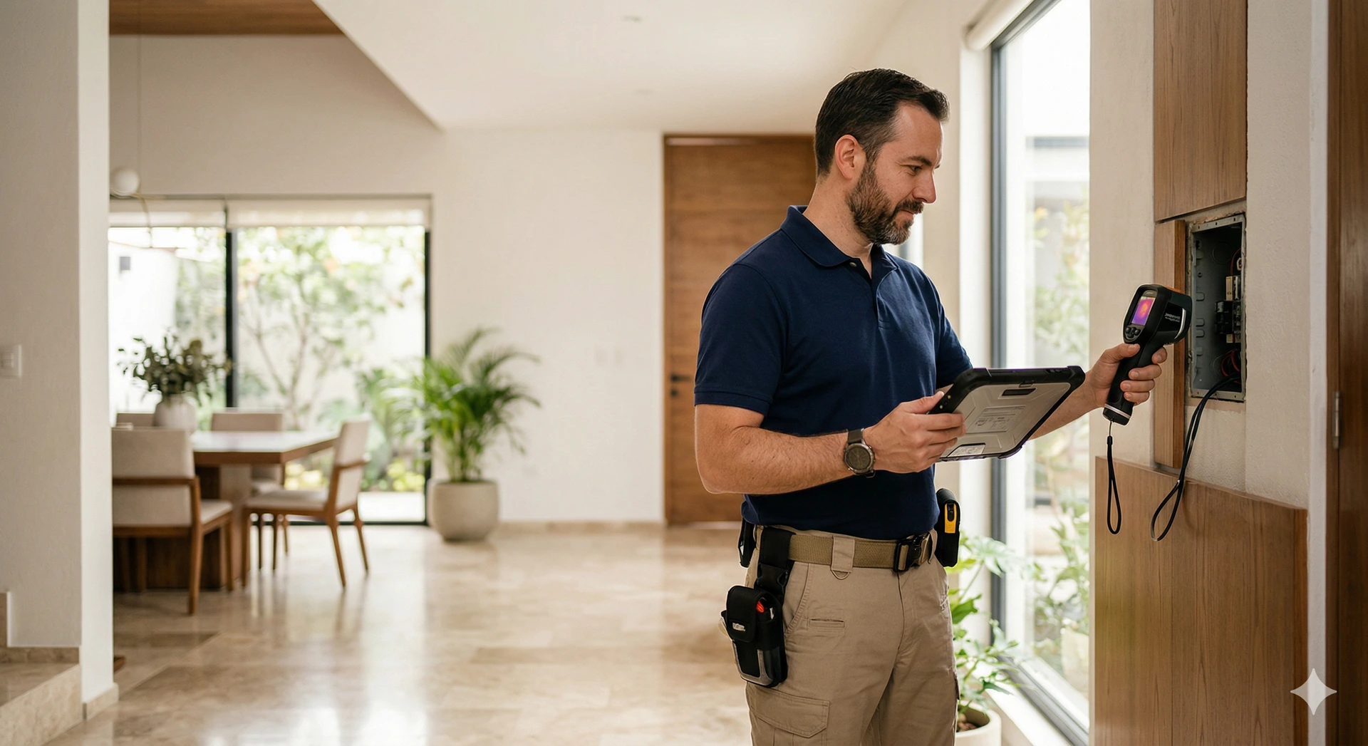 Equipo DOMUS realizando inspección residencial profesional con cámara termográfica en una propiedad de la Zona Metropolitana del Valle de México
